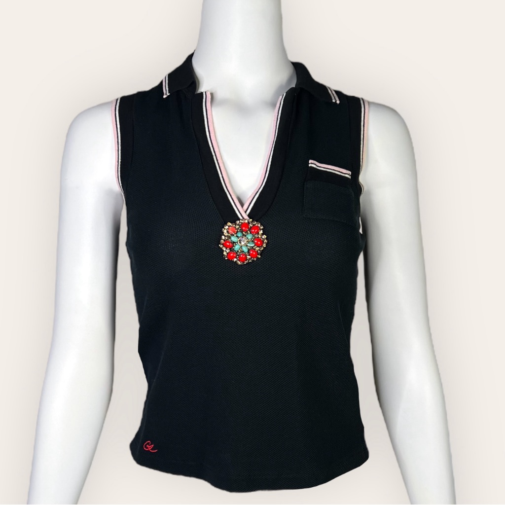 Vintage Christian Lacroix Cute Multicolor Jewel Sleeveless Navy Polo Top - Small